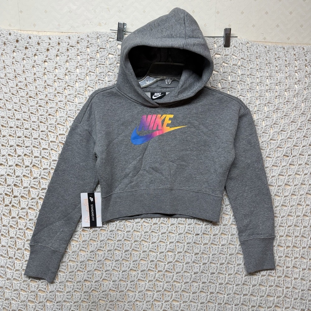 Nike Crop Top Hoodie Sweatshirt Girls‎ Size S Gray Pullover Colorful Logo NWT